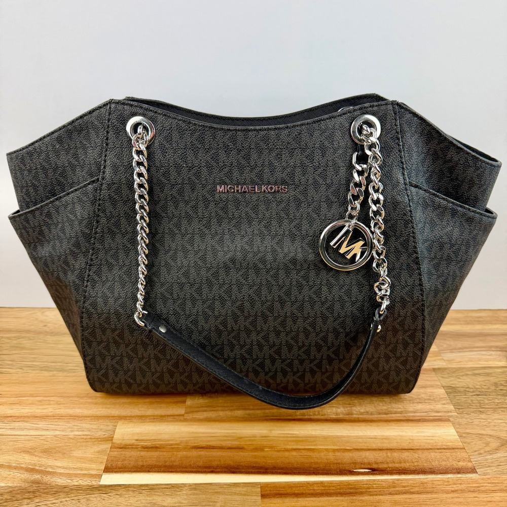 Michael Kors Jet Set Large East West Chain Tote Black Monogram Silver Hardware